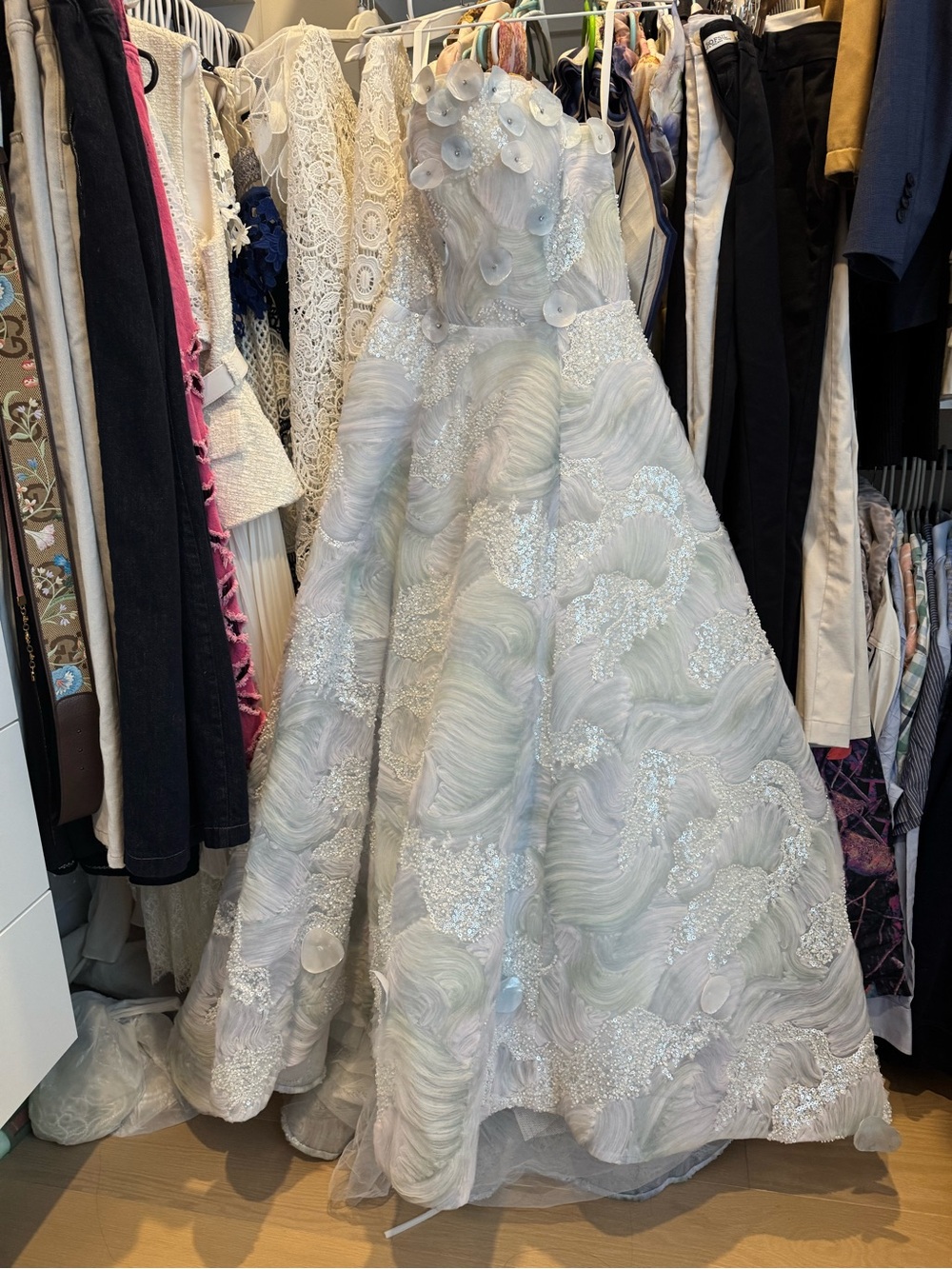 Light Blue 3D Floral Sequin Gown + Matching 3D Petal Veil